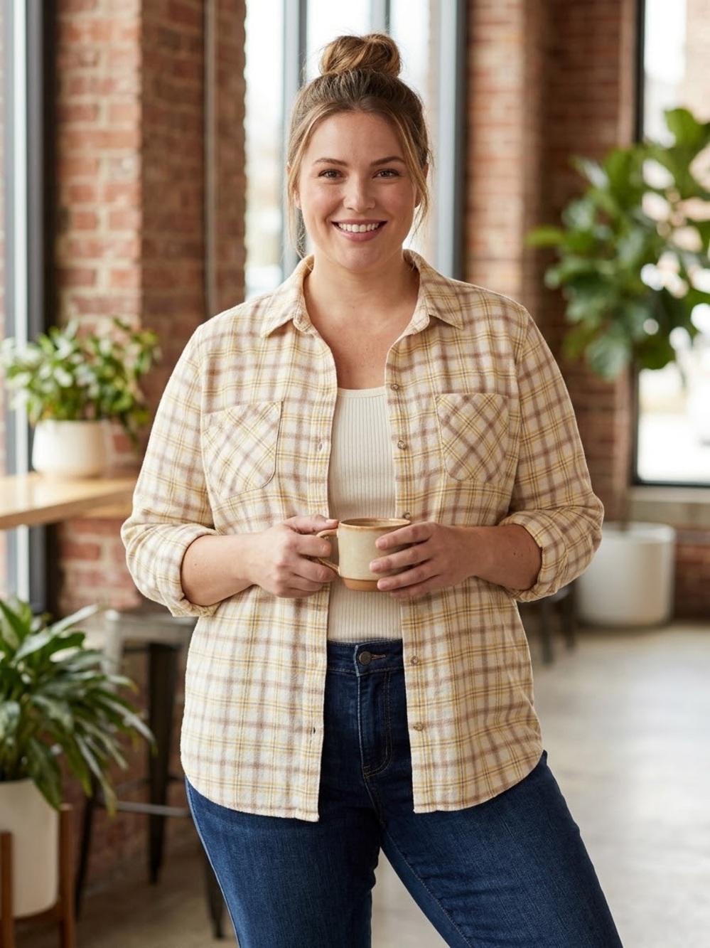 croft & barrow Cream and Tan Plaid Button-Up Shirt Jacket